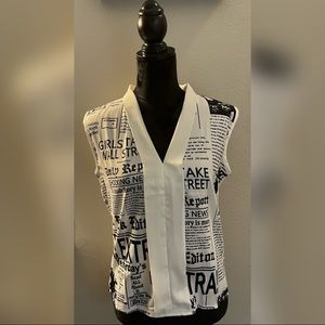 Women Top Newspaper Print V neck Long Sleeveless Casual Blouse Tops